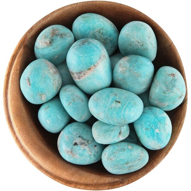 Bowl of robin's-egg blue Amazonite with minor white and/or gray inclusions. The stones are mostly smooth, but some of the inclusions feel a little rough