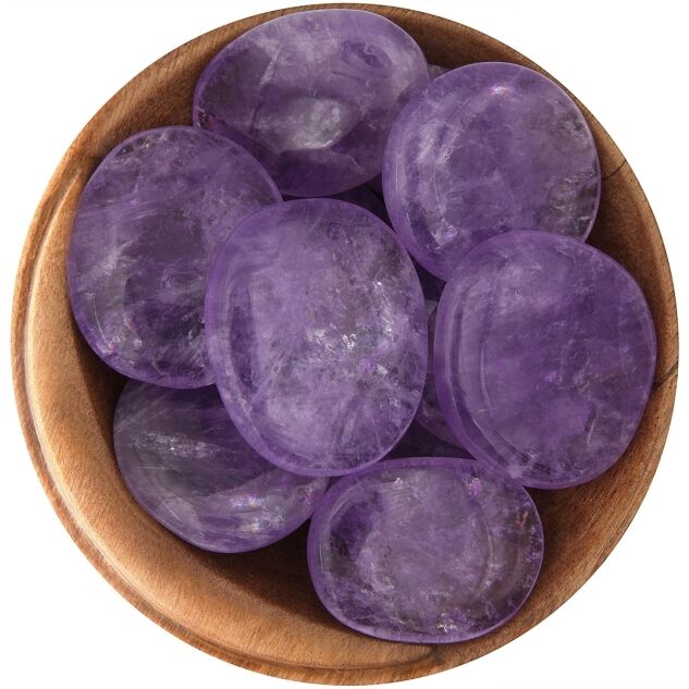 Bowl of Amethyst palm stones. Polished smooth discs bright translucent lavender.