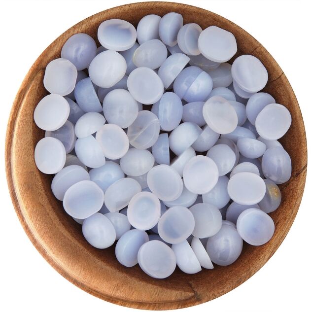 Bowl of polished tiny cabochons of Blue Chalcedony. Pale blue, flat on one side, rounded on the other.