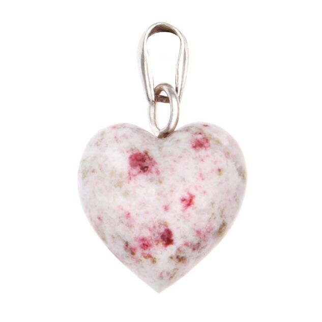 Cinabrite heart pendent. Perfect shape, sharp point, mostly white with pink spots. Simple sterling silver clasp that can fit on most chains.