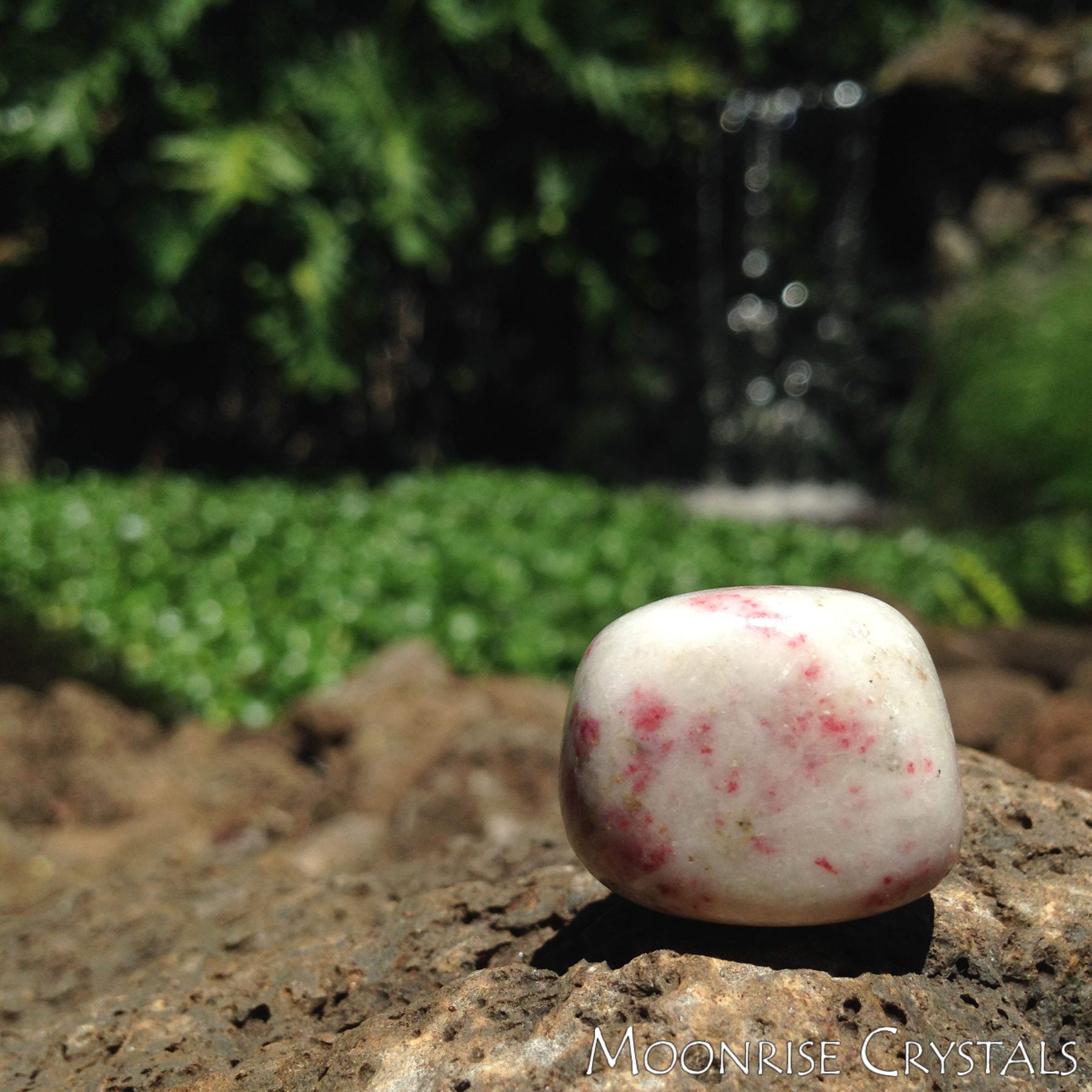 Cinabrite in the focused foreground with a waterfall in the background
