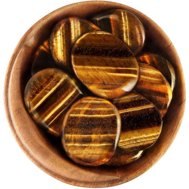 Bowl of polished Gold Tiger's Eye. Polished smooth into thin discs with vivid stripes