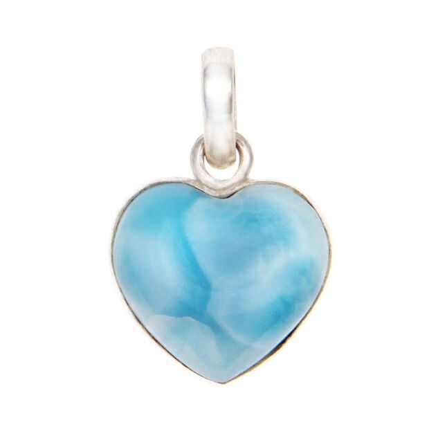 Larimar heart pendent. Blue stone, plated with sterling silver on the back and sides. Simple clasp that can fit on most chains.