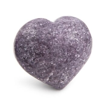 Puffy Lepidolite heart, perfectly smooth with a softly rounded tip. Dark purple with silvery iridescence