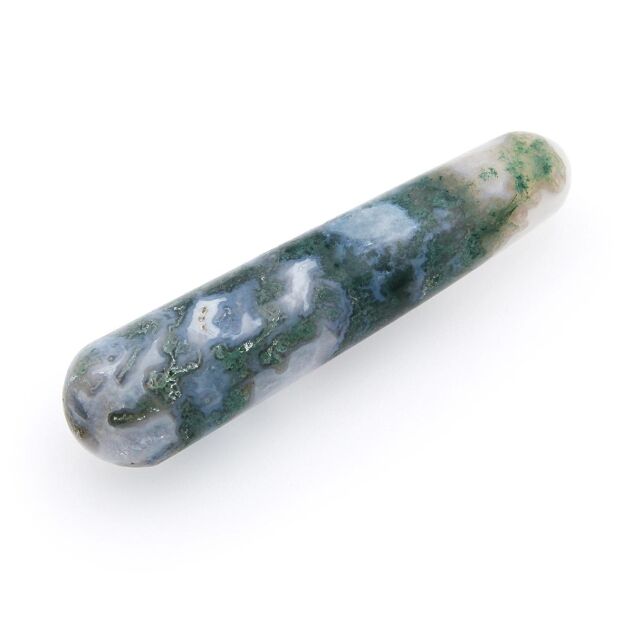 Polished Moss Agate massage wand with rounded tips. Mostly smooth, but may have little caves. Unique pattern of green and blueish inclusions on white/clear quartz