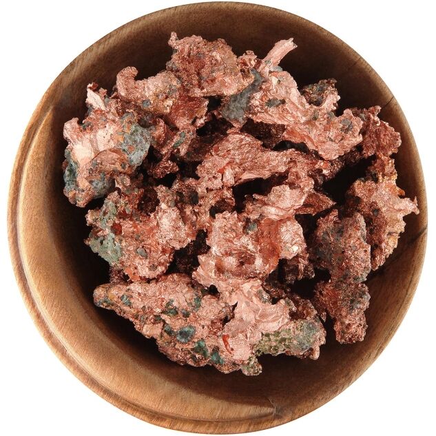 Bowl of chunks of Native Copper. Random jagged shapes, bright copper color, minor green rust