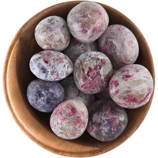Bowl of tumbled Pegmatite. Rounded stones, combinations of bright pink, dusky purple and off-white