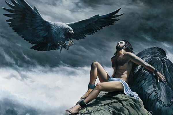 Painting of Prometheus chained to the top of the mountain while an eagle dives at him