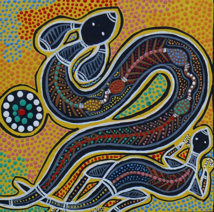 Aboriginal painting of the Rainbow Serpent and a lizard created in vibrant dots of paint