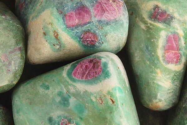 Close up of tumbled Ruby Fuchsite