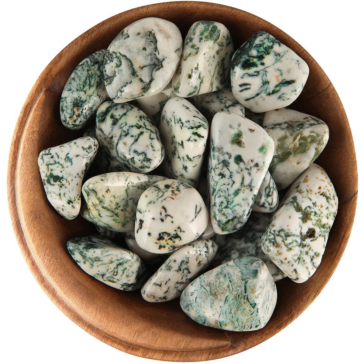 Bowl of tumbled Tree Agate. Irregularly shaped stones, white with green veins.