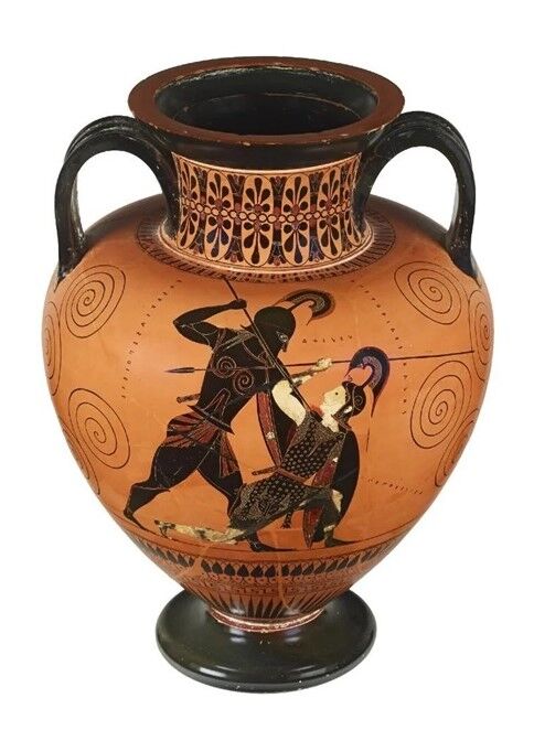 Amphora (wine vessel) with two handles mostly tan, but with black figures painted on it showing Achilles stabbing the amazon queen with his spear