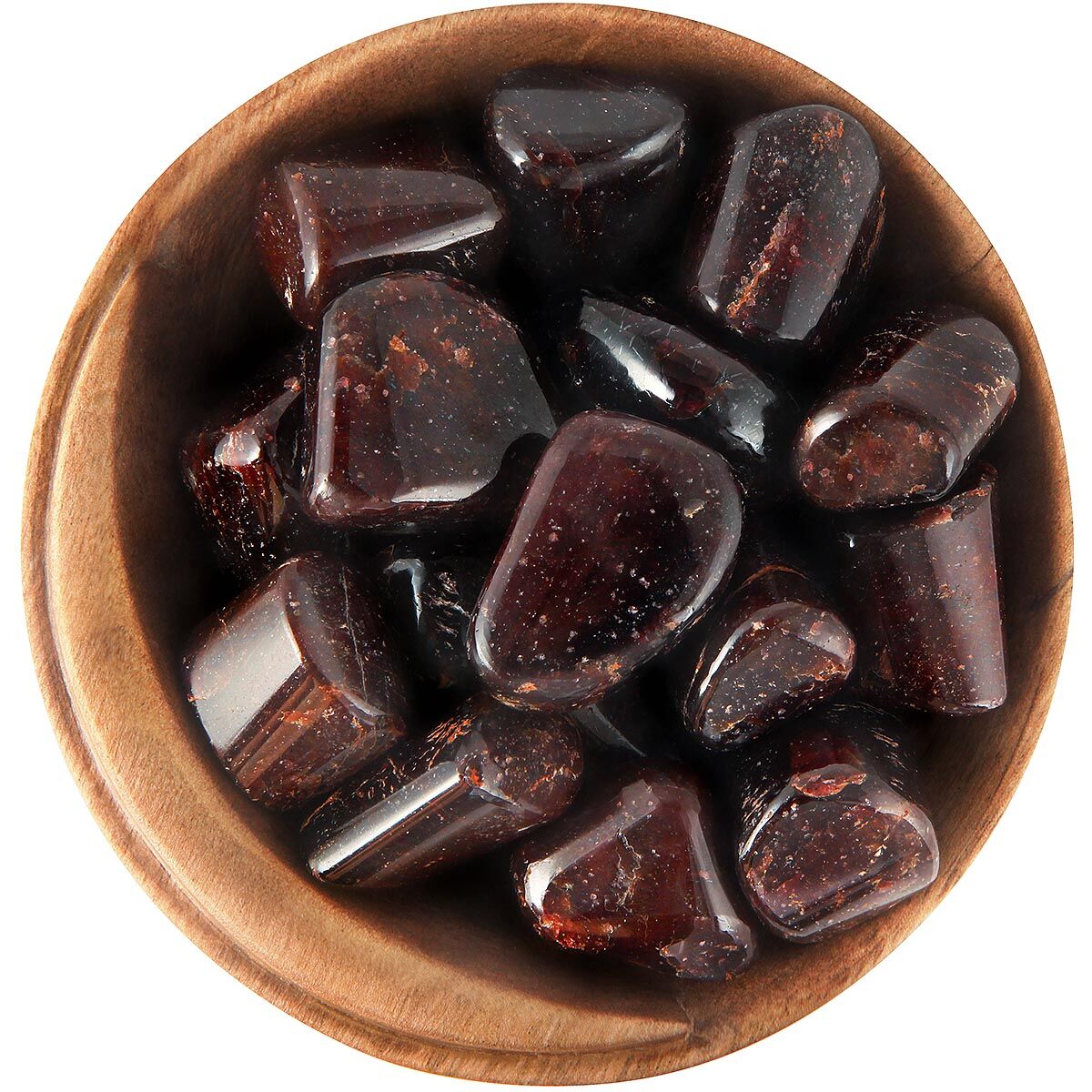 Bowl of tumbled Almandine Garnet, chunky and smooth dark red shapes with jewel-like inclusions
