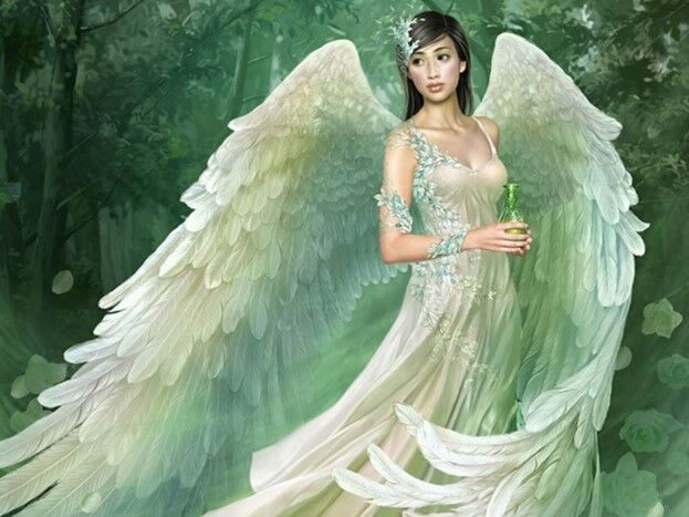 Angel A beautiful angel with dark hair and long greenish-white wings.