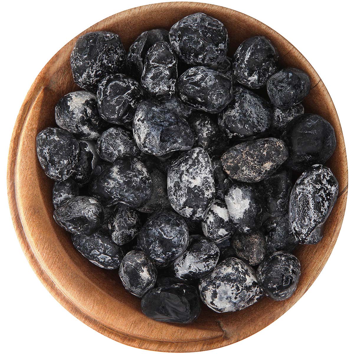 Bowl of natural Apache Tear Obsidian nuggets. Each stone is a mixture of black and white. The shapes are naturally rounded and a little rough, but not sharp