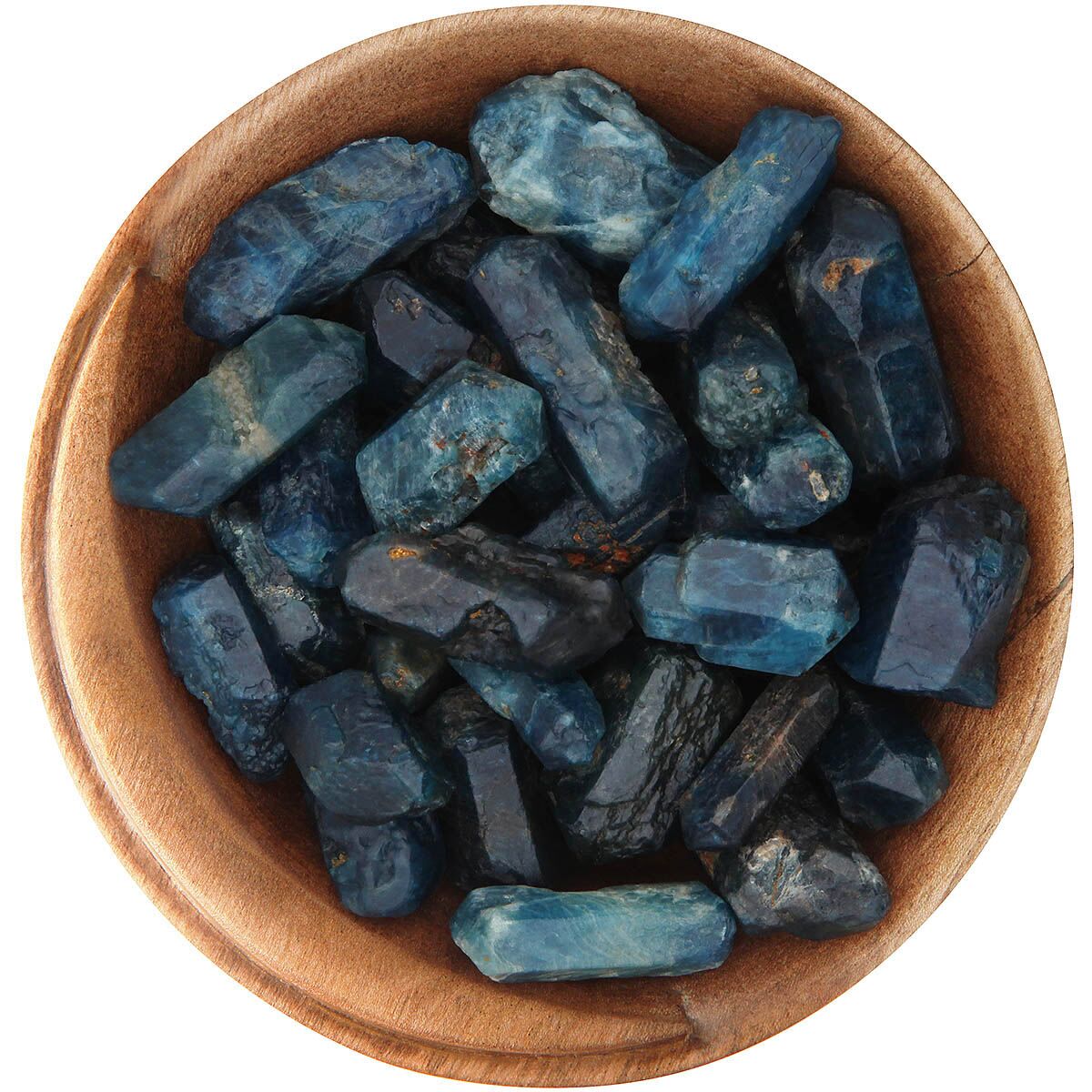 Bowl of rough Blue Apatite crystals. Irregular rough shapes, mostly cylindrical. Bright blue and dark blue colors