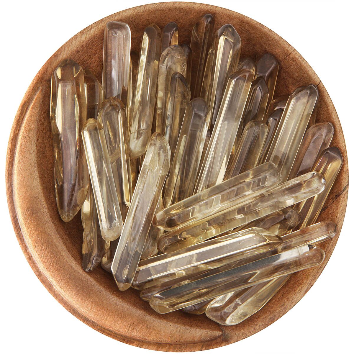 Bowl of polished Citrine mini-wands. Transparent golden color, long and skinny and perfectly smooth.
