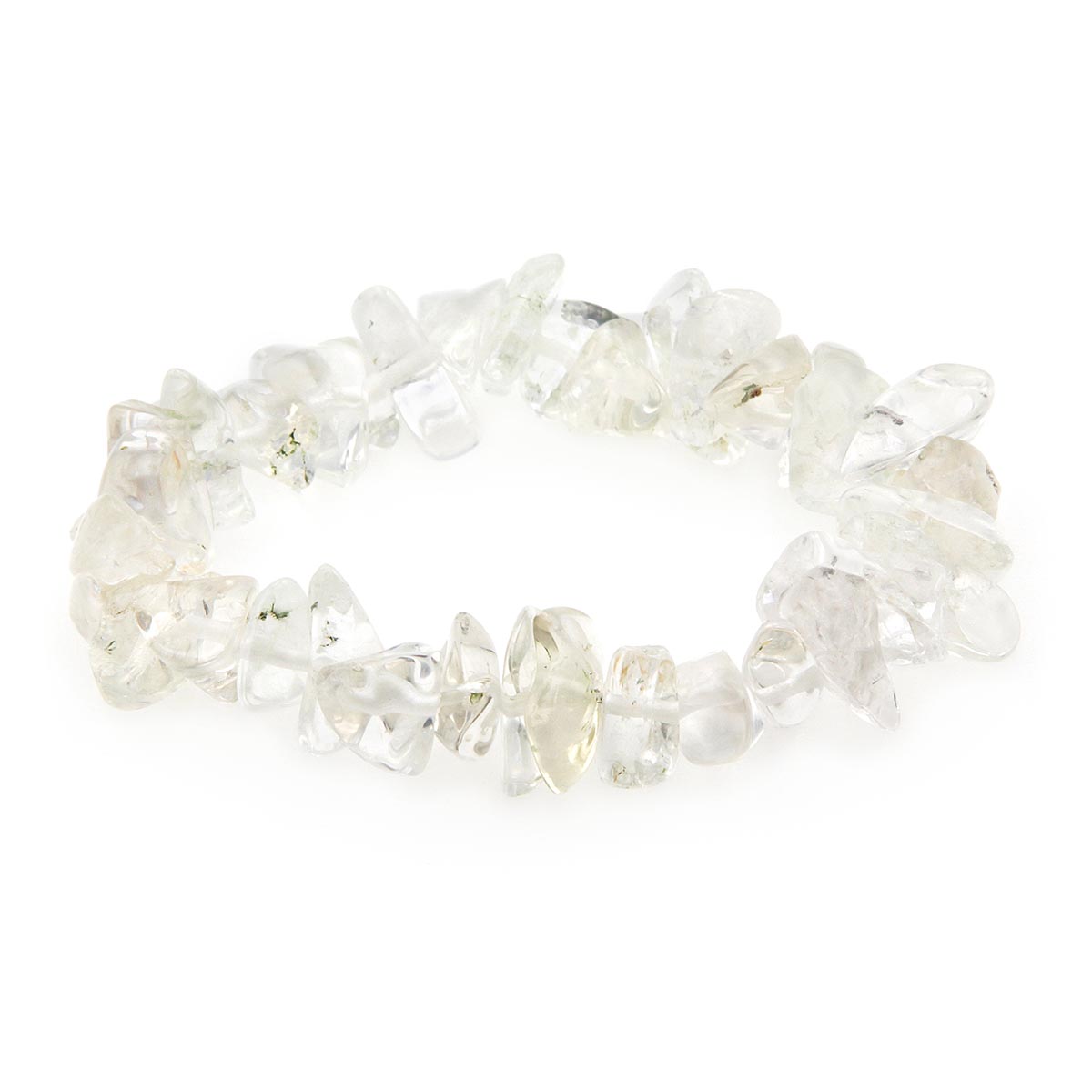 Clear Quartz chip bracelet on a stretchy string. The beads are irregularly shaped tumbled stones with soft edges