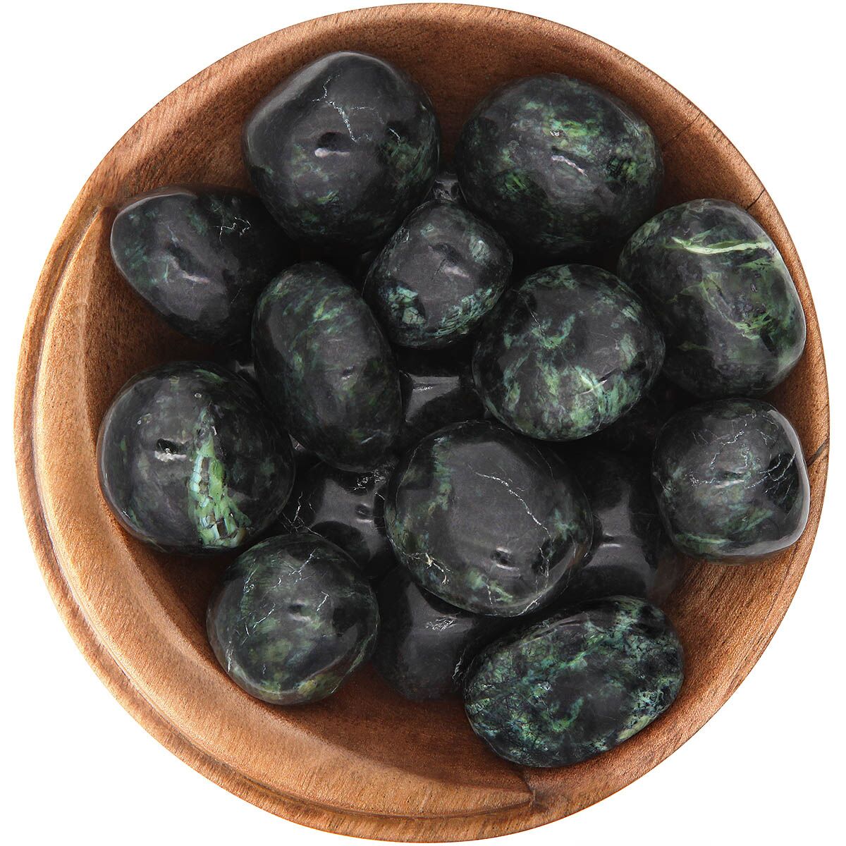 Bowl of polished dark green and black tumbled Jade. Rounded pebbles, smooth to the touch.