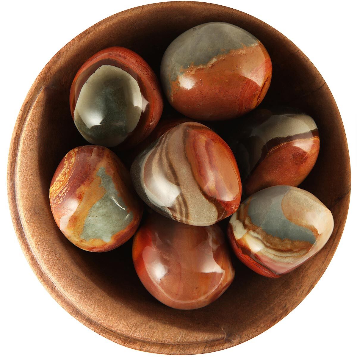 Bowl of tumbled Desert Jasper / Polychrome Jasper. Multi-colored stones, red/blue/orange/gray/pink. Smoothly polished into rounded shapes