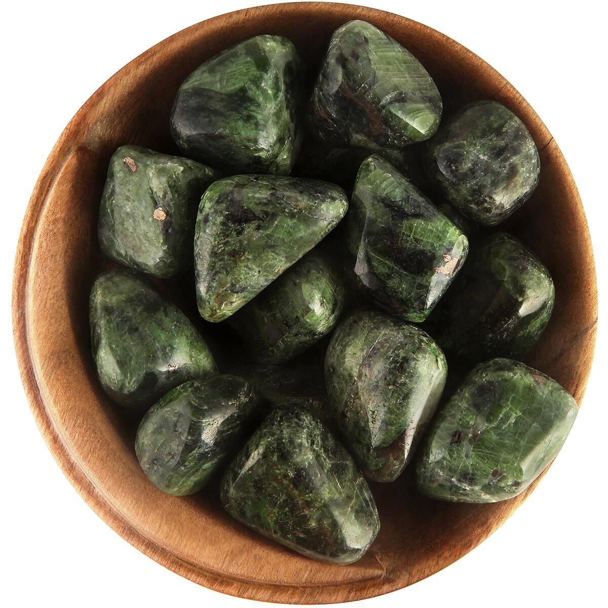 Bowl of tumbled Diopside, Dark green, irregularly shaped, polished smooth