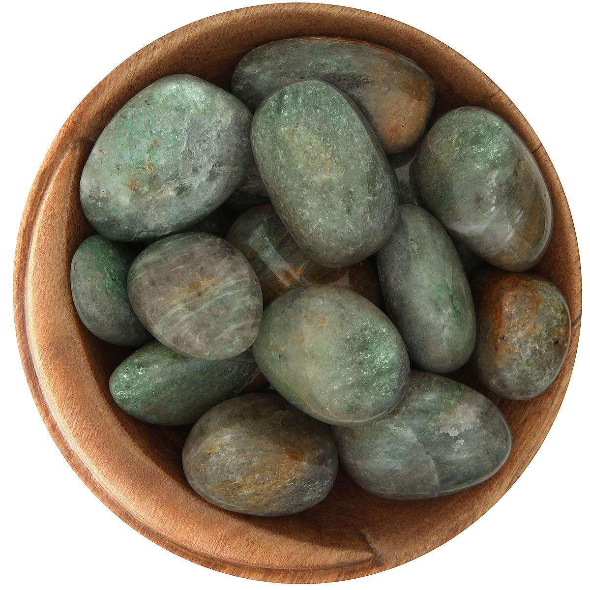 Bowl of tumbled Greenlandite / Fuchsite. Stones are polished smooth into rounded shapes, mostly green with an iridescent sparkle, with some yellow-brown inclusions