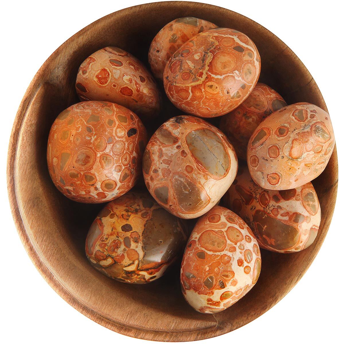 Bowl of tumbled Jaguar Stone / Leopardskin Jasper. Rounded pebbles, tan with grey and reddish irregular spots