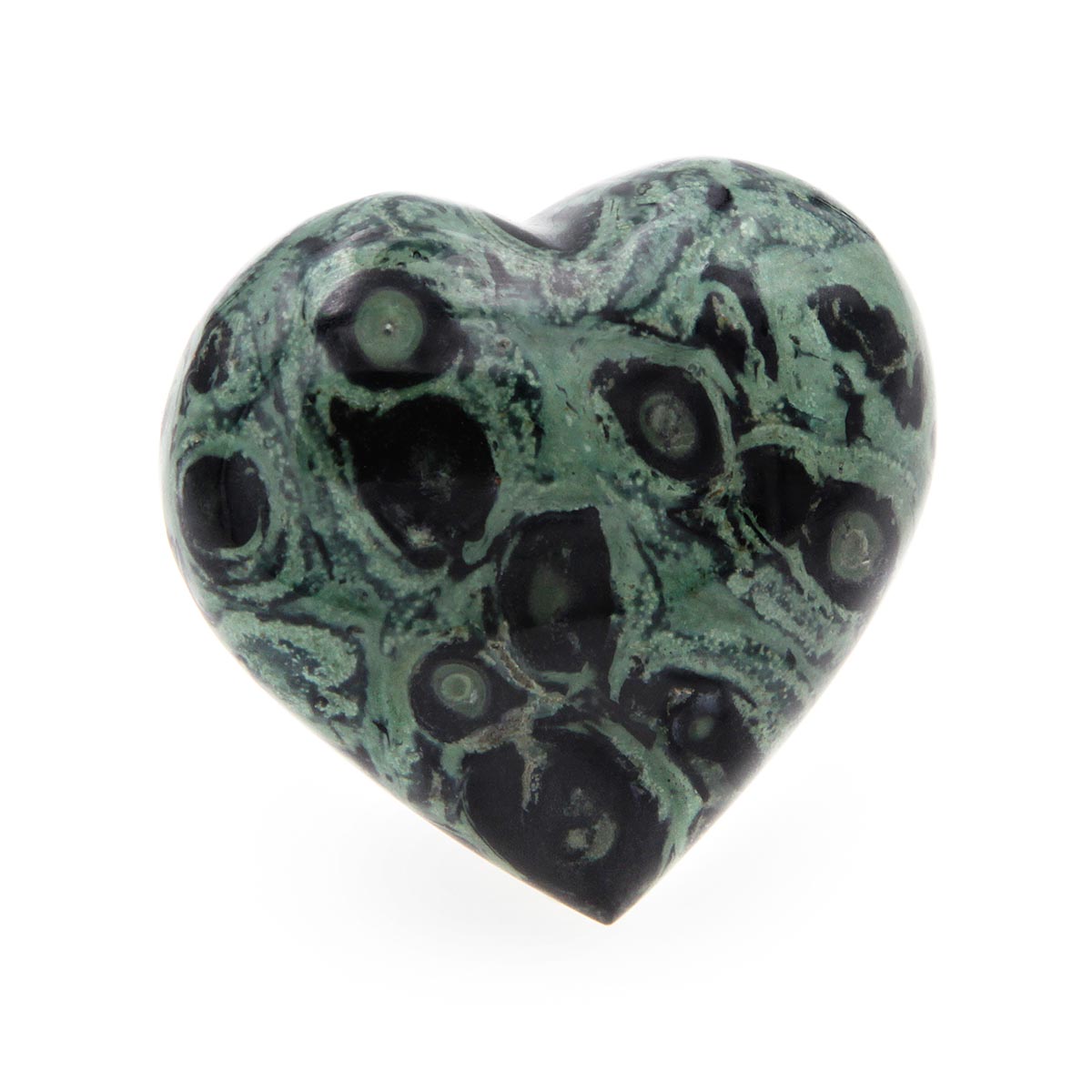 Puffy Kambaba Jasper heart, perfectly smooth with a softly rounded tip. Attractive pattern of green with black swirls and eyes