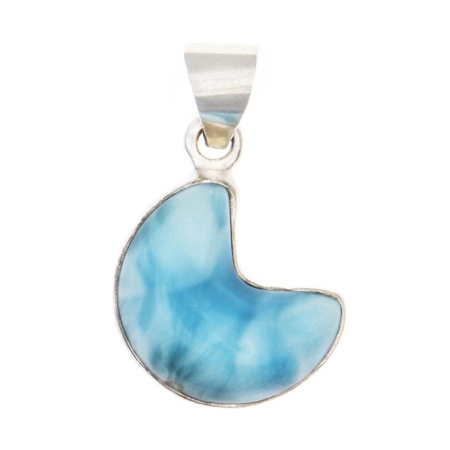 Larimar crescent moon pendent. Blue stone, plated with sterling silver on the back and sides. Simple clasp that can fit on most chains.
