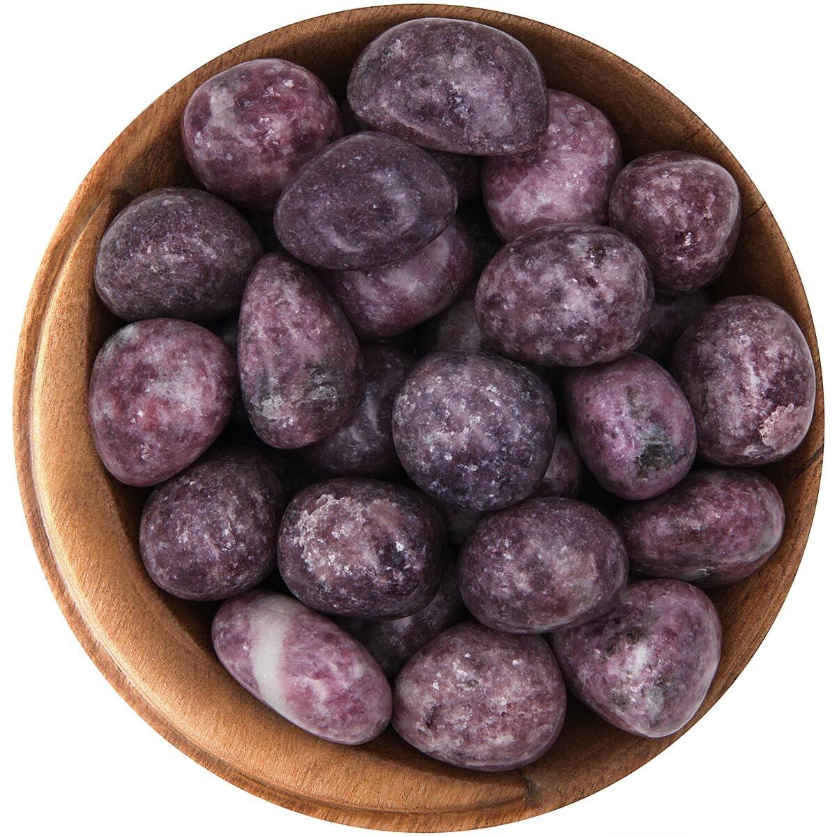 Bowl of tumbled Lepidolite. Polished smooth round stones, bright purple and very sparkly.