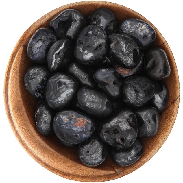 Bowl of tumbled Manganese. Polished pebbles, mostly black but with silvery area and minor reddish-brown matrix.