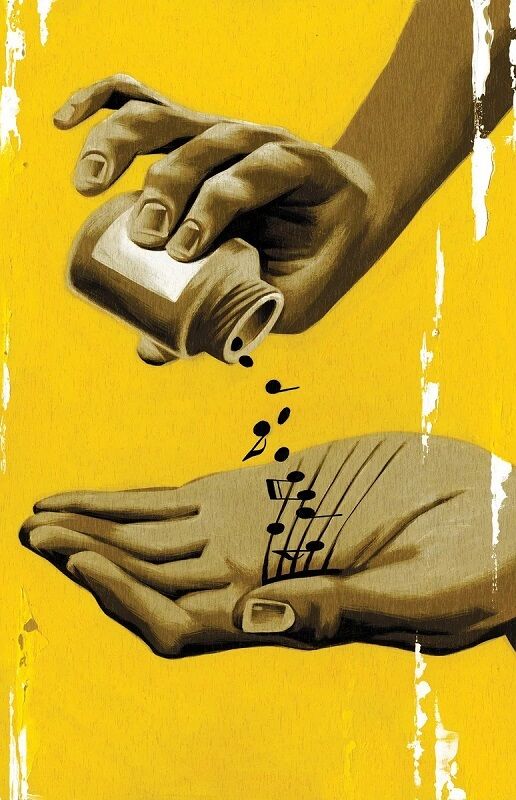 Music notes poured out of a pill bottle with a vivid yellow background