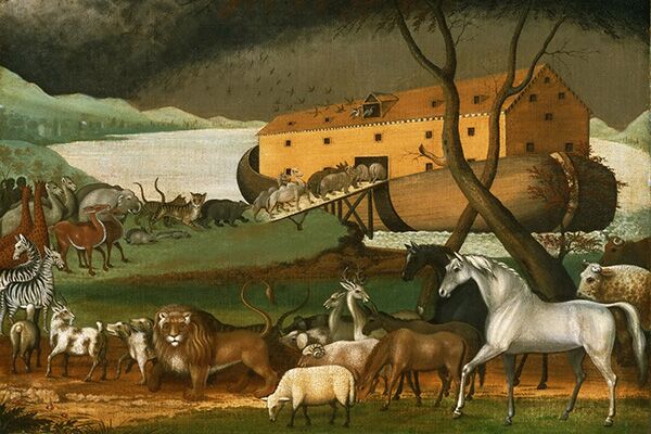 Painting of Noah's Ark with all the animals climbing into the boat while the water rises