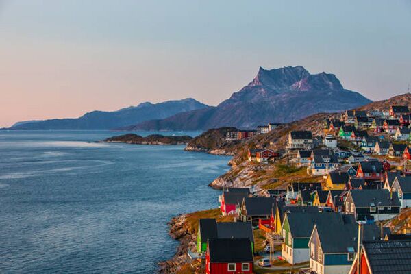 Colorfull houses at sunset in the capital of Greenland, Nuuk. Colorful Houses At Sunset In The Capital Of Greenland, Nuuk