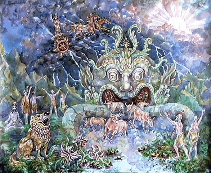 Vala Cave 24 Vala Cave is shown to be both a cave and the mouth of a demon eating cattle, while Indra attacks from above in his flying chariot