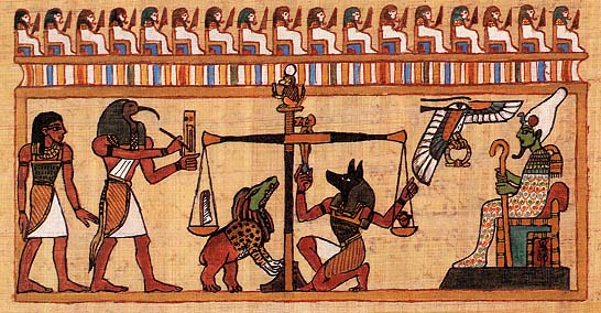 "Weighing Of The Heart" papyrus picture of the underworld god Osiris sitting in judgement while a feather is weighed against a heart to see which one is lighter