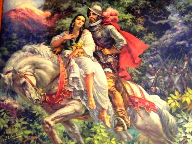 Romantic painting of conquistador and a native woman riding on a horse together