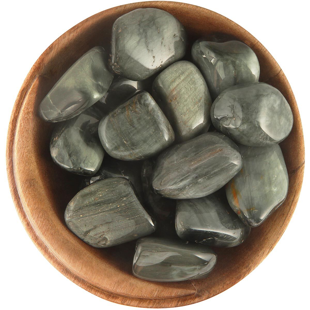 Bowl of tumbled Cat's Eye stones. Irregular shapes, mostly smooth, steel gray with a shimmery iridescence in the light
