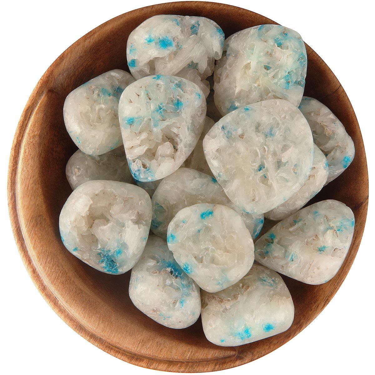 Bowl of tumbled Cavansite. Irregularly shaped polished stones, with a rough/natural finish. Mostly white with spots of bright blue