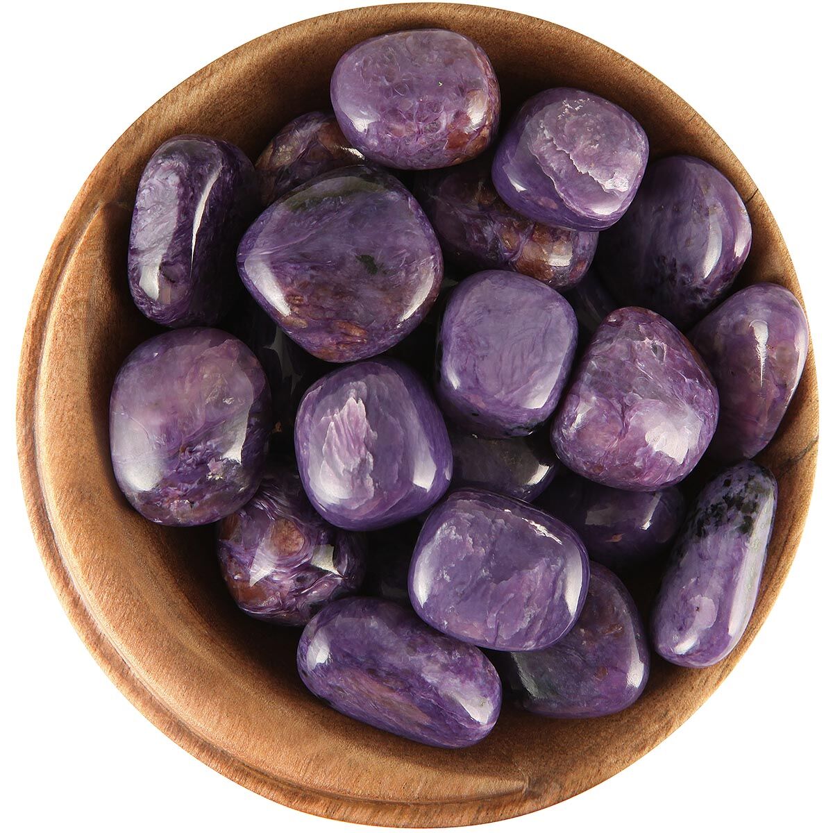 Bowl of tumbled Charoite. Irregular rounded shapes, perfectly smooth, vivid purple with some inclusions of reddish-pink or black