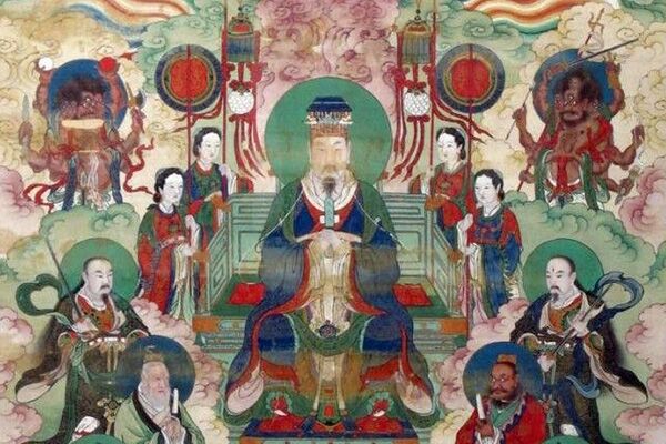 Painting of the Jade Emperor on his green jade throne surrounded by attendants