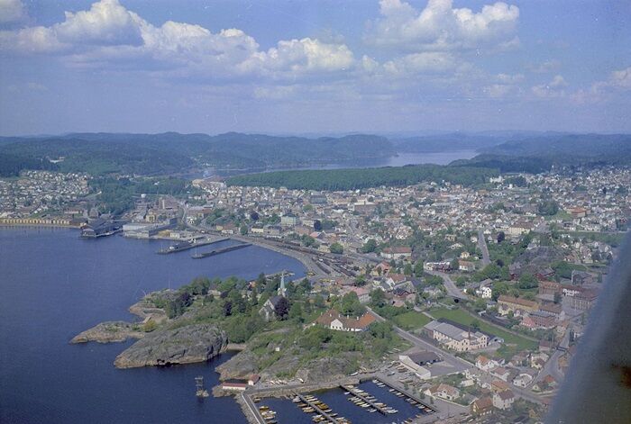 Aerial view of the city of Larvik, showing the port in the foreground
