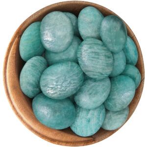Bowl of blue-green Amazonite amulets, oval shape, puffy, perfectly smooth, with a silvery iridescence