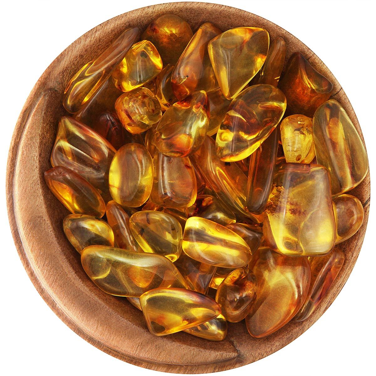 Bowl of vivid yellow-orange Baltic Amber, irregular tumbled shapes, completely smooth with a high polish