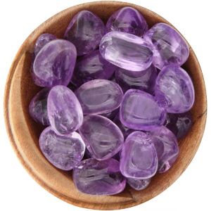 Bowl of high-quality Amethyst tumbled stones, lilac-purple, transparent, and very smooth