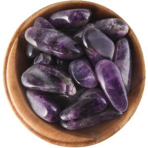 Bowl of vivid purple tumbled Amethyst, irregular shapes, polished to a high gloss