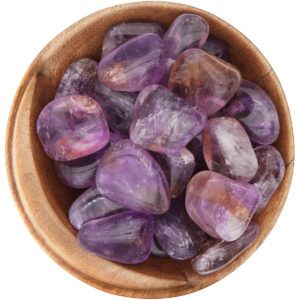 Bowl of tumbled Ametrine, irregular shapes, smooth polish, each stone is a combination of bright purple and yellow