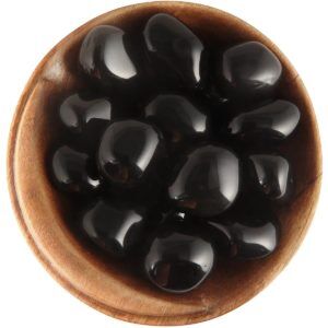 Bowl of tumbled black Apache Tear Obsidians. Mostly round, perfectly smooth, appear black and opaque, but are actually translucent smoky gray when held to the light