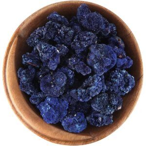 Bowl of natural Azurite crystals. Vivid dark blue rosettes