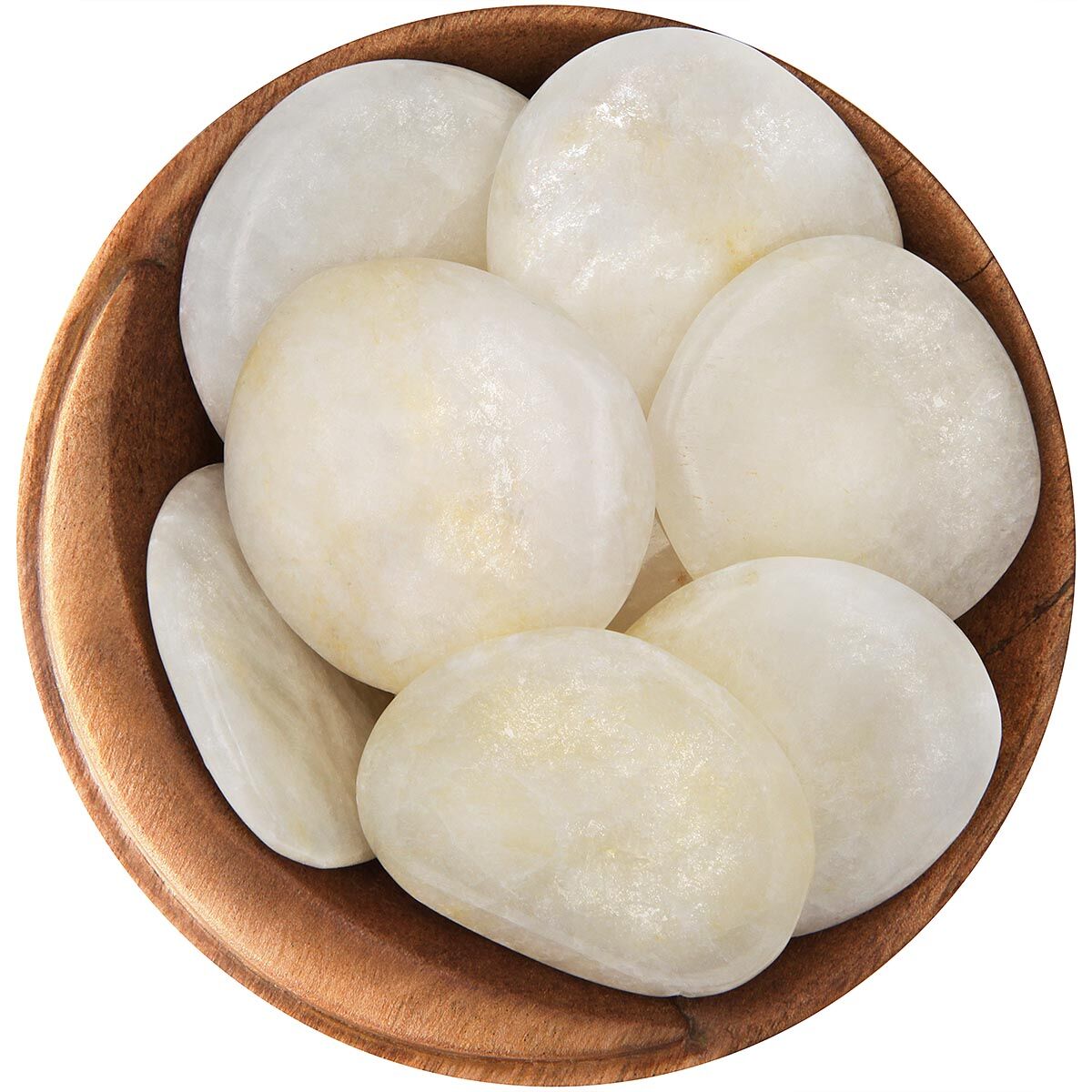 Bowl of Barite disc / palm stones. Smooth, flat discs, mostly white with a subtle golden glow. Many of them are also irridescent